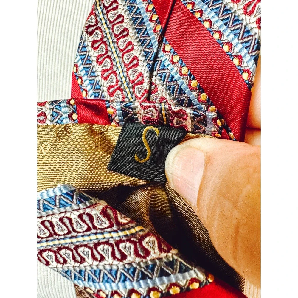 Robert‎ Talbott Studio Silk Tie Red Blue Gold Geometric Stripe Wide 4